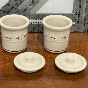 PAIR Longaberger Woven Heritage Red 3.75” Condiment Crocks With Lids
